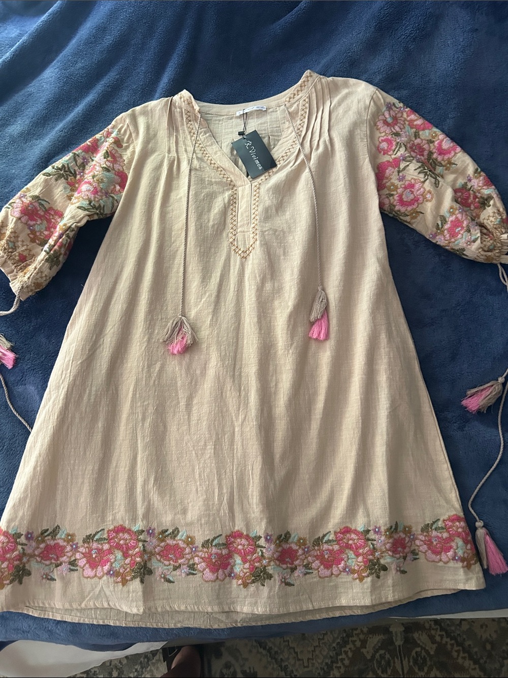 Women’s Cream Embroidered Floral Dress with Pink Accents